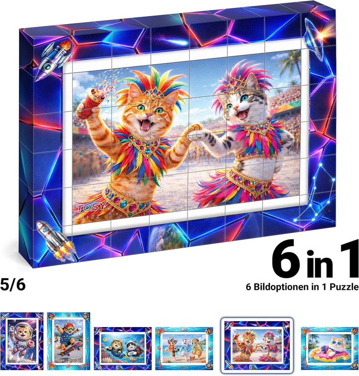 TOSY Picture Cube Adventure Cats: 6-in-1 magnetisches Bilderpuzzle, 48 Blöcke, 288 Flächen/Magnete,