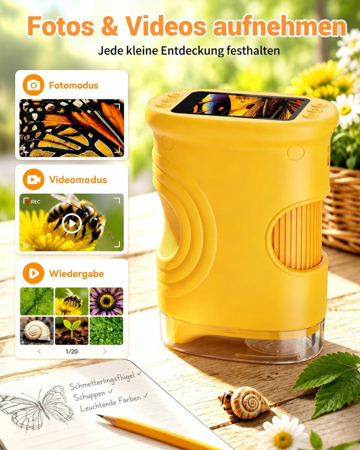 Mikroskop für Kinder, 1080P HD 2.0" Bildschirm Taschenmikroskop, Ashfly Handy Digital Microscope LED