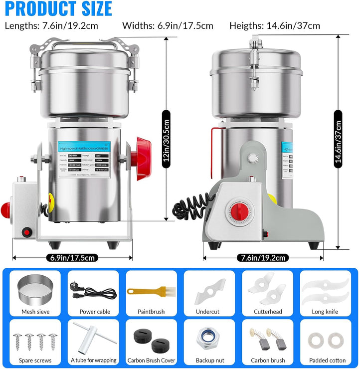 Elektrische Getreidemühle 800g – 2400W Hochleistungsmotor, 30-300 Mesh Feinheit, 3-stufiges Messersy