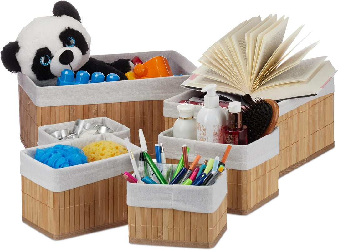 Relaxdays Aufbewahrungskorb 6er Set, mit Stoffbezug, Bambus, rechteckig, Bad, Accessoires, dekorativ
