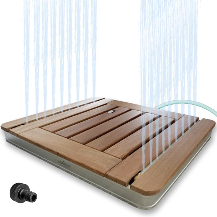 holz4home® Bodendusche als Gartendusche oder Pooldusche I Eckig aus Teakholz und Aluminium I Höhenve