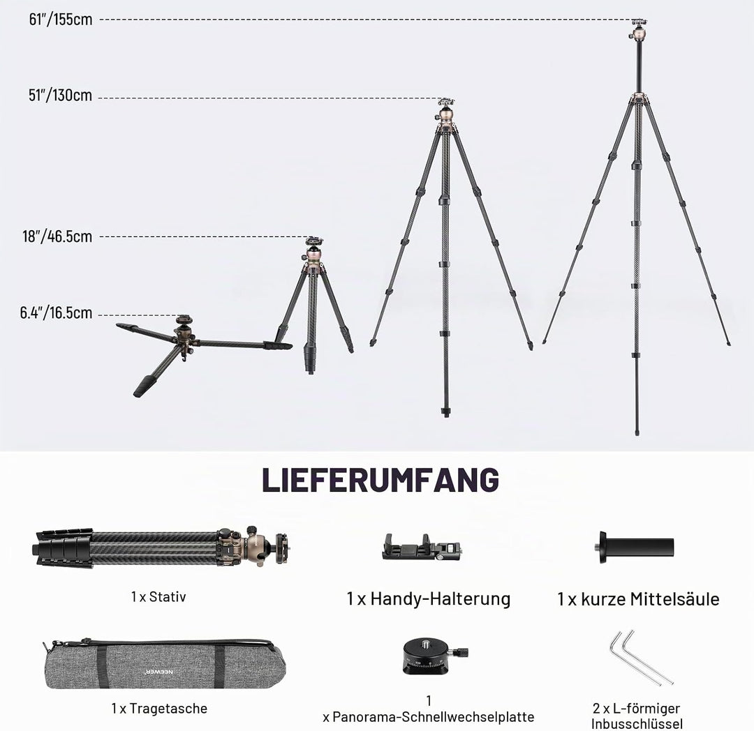NEEWER LITETRIP LT35 155cm Carbon Stativ Reisestativ mit Pan Tilt Low Profile Kugelkopf Arca QR Plat