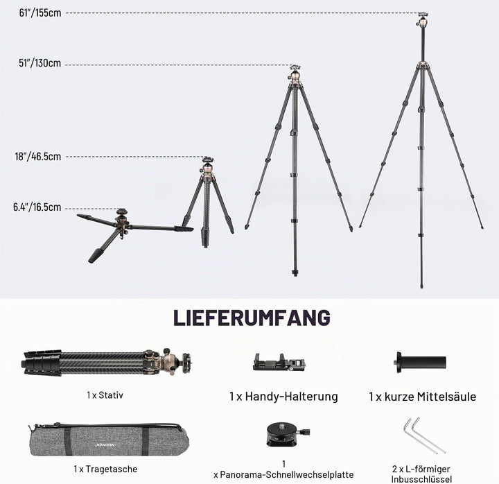 NEEWER LITETRIP LT35 155cm Carbon Stativ Reisestativ mit Pan Tilt Low Profile Kugelkopf Arca QR Plat