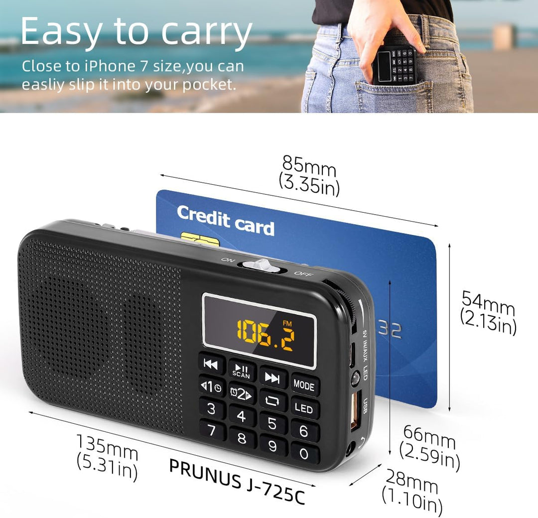 PRUNUS J-725 FM UKW Radio Klein, Digital Radio mit 3000mAh Wiederaufladbare Batterie, Kofferradio Tr