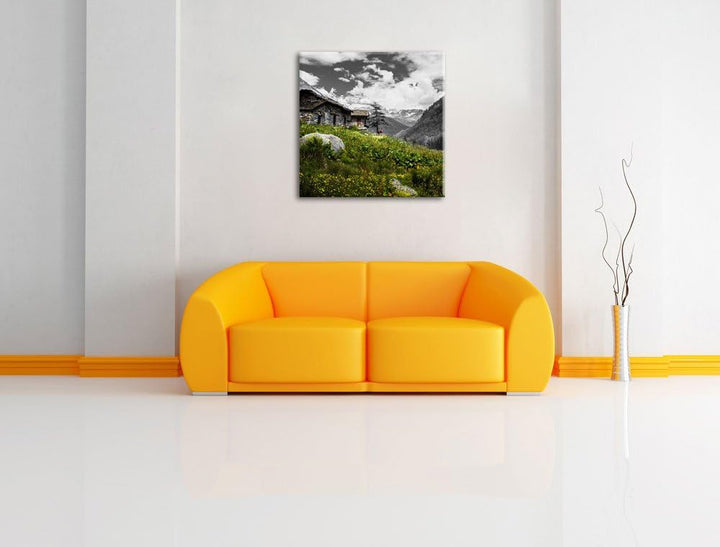 Pixxprint Steinhütte auf Berg als Leinwandbild/Grösse: 70x70 cm/Wandbild/Kunstdruck/fertig bespannt,