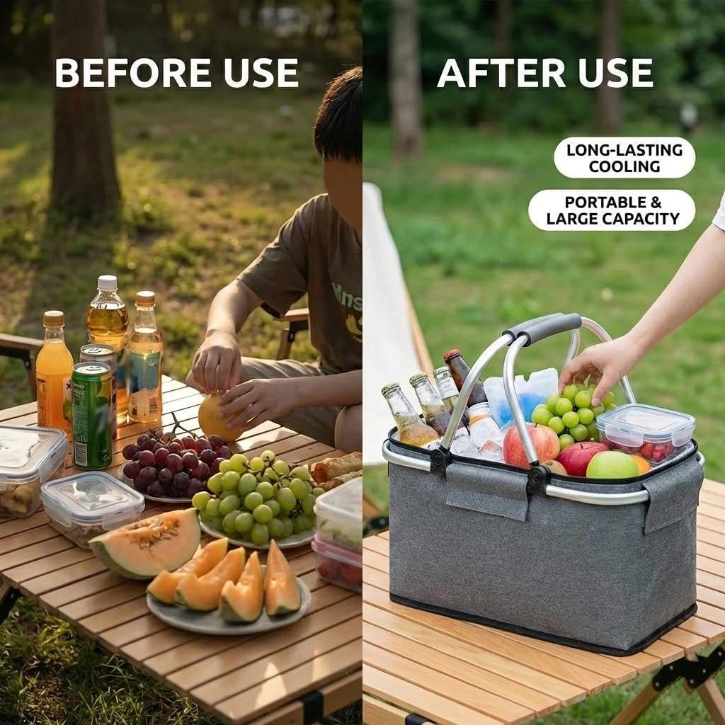 Einkaufskorb,Einkaufskorb Faltbar, Thermo als Picknickkorb, Kühlbox Tragbare mit Gepolsterten Griffe