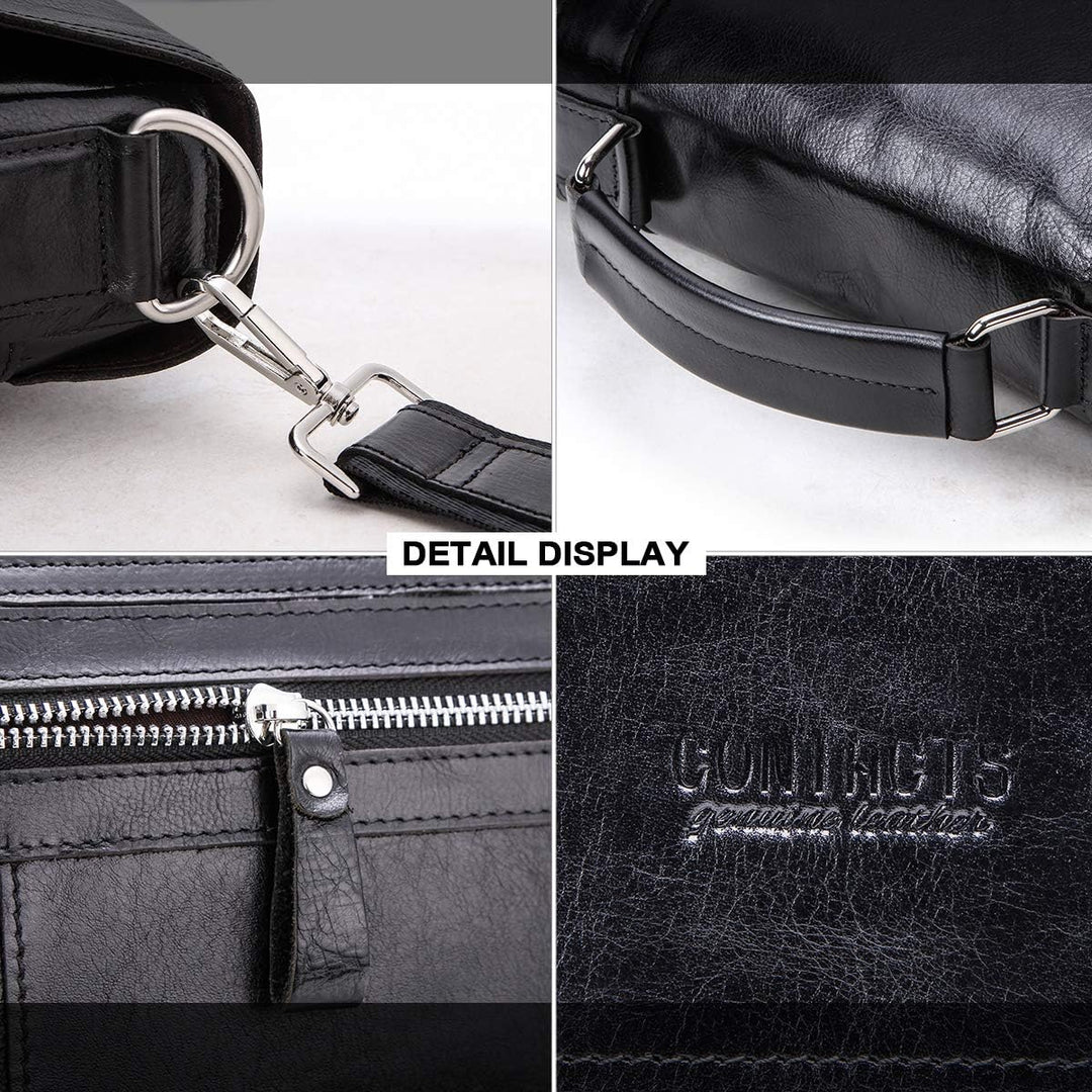 Contacts Echtes Leder 14" Herren Messenger Schultertasche Laptop Aktentasche Schwarz, Schwarz