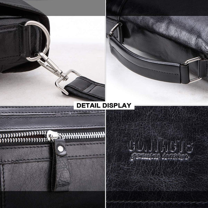Contacts Echtes Leder 14" Herren Messenger Schultertasche Laptop Aktentasche Schwarz, Schwarz