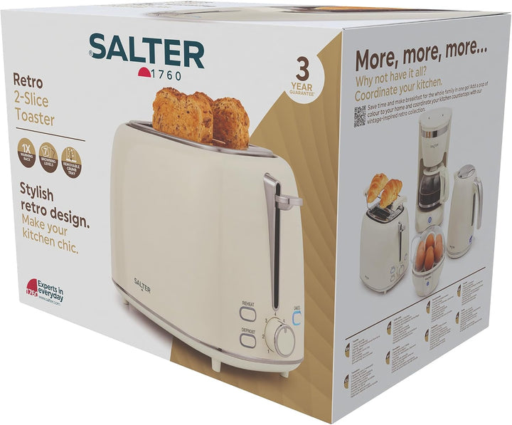 Salter Retro Creme 2-Scheiben-Toaster - 7 Bräunungsstufen, Auftauen, Aufwärmen & Abbrechen, High-Lif