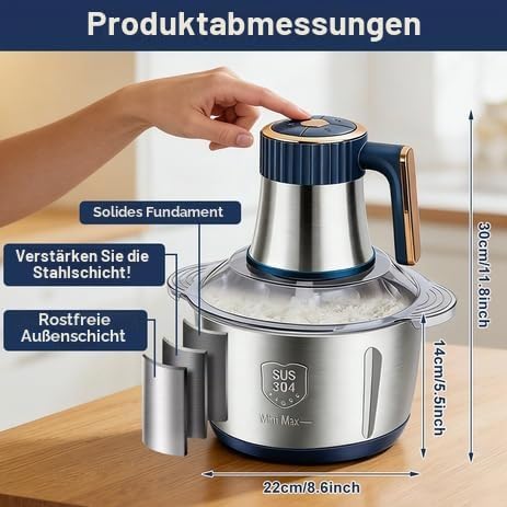 Zerkleinerer Küche Elektrisch 500W, 5L Edelstahl Zerkleinerer mit 5 Geschwindigkeiten Einstellbar fü