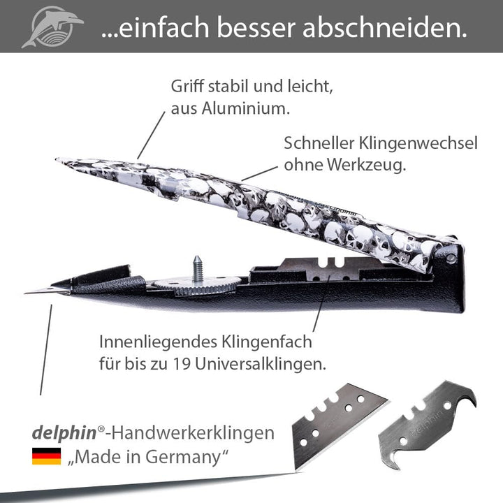 Delphin®-03 Teppichmesser, Design Edition, Feststehende Klinge, Profi Cuttermesser, Alu, Klingen und