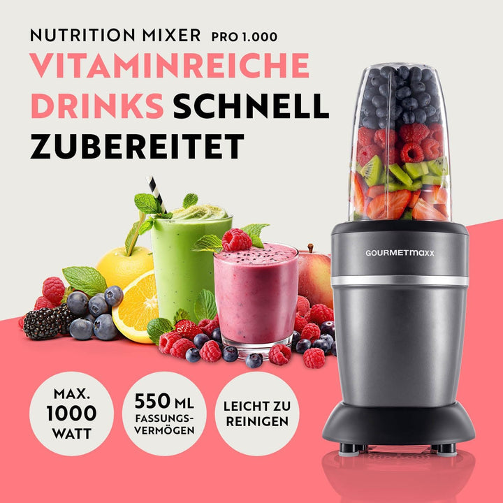 GOURMETmaxx Mixer &amp; Smoothie Maker 4-tlg. | Standmixer elektrisch für den Vitaminkick to go | Nutrit