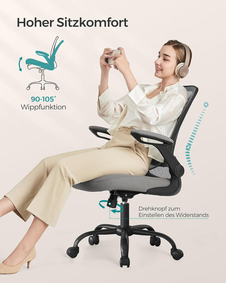SONGMICS Bürostuhl ergonomisch, Drehstuhl mit Mesh, Lendenstütze, Wippfunktion, 53 cm grosse Sitzflä