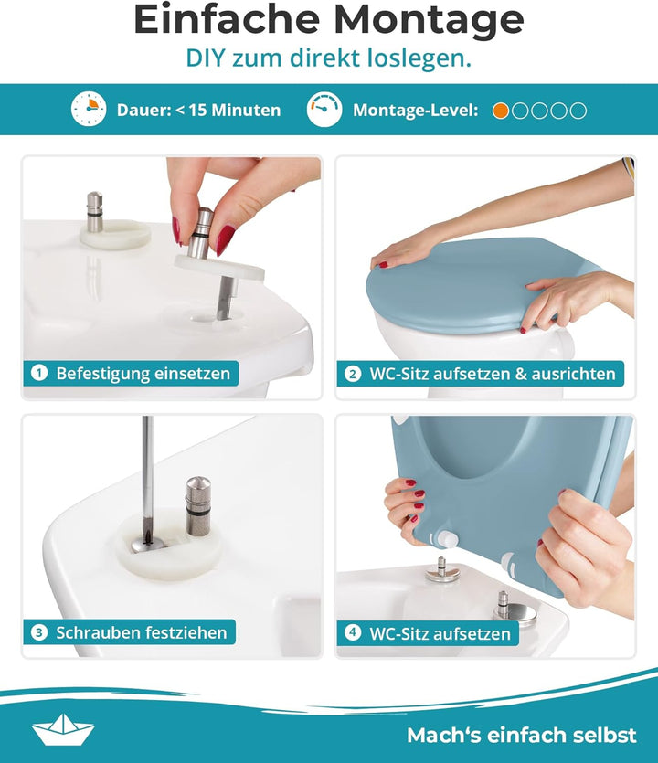 Calmwaters® Premium WC Sitz einfache Montage, Toilettendeckel bis 250 kg, Made in EU, antibakteriell