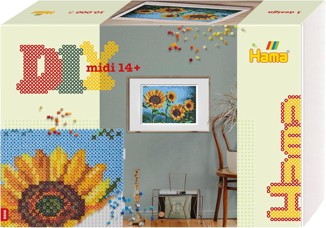 Hama Perlen 3608 Grosse Geschenk-Box Sonnenblumen mit ca. 10.000 bunten Midi Bügelperlen mit Durchme