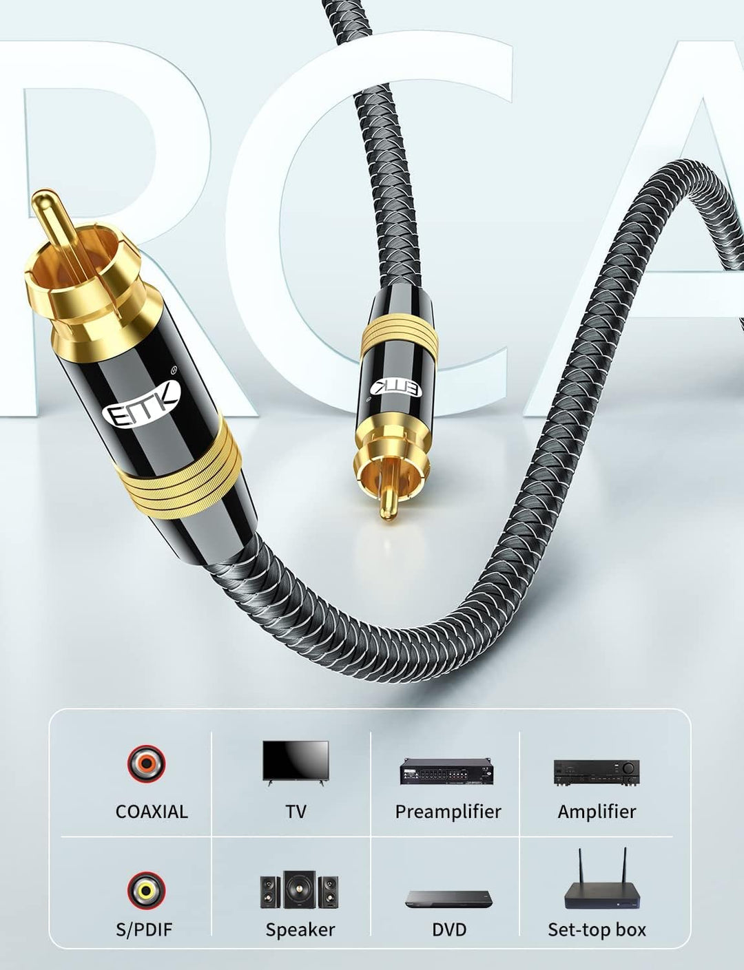 EMK Subwoofer Kabel 4m - Digital Koaxialkabel (RCA) mit Goldkontakten - für AV-Receiver, Verstärker,