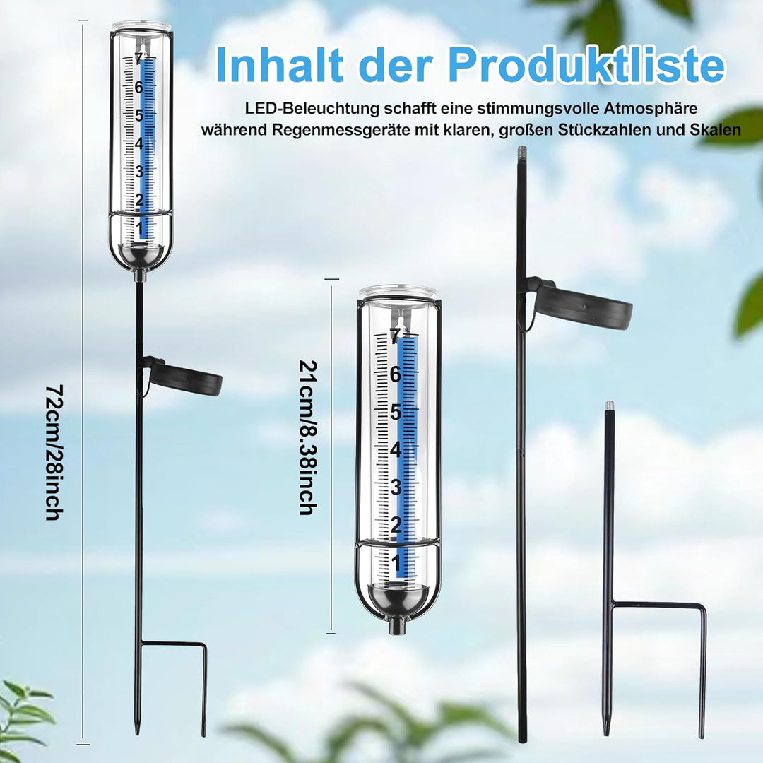 HOSPAOP Solar Regenmesser für Garten mit Erdspiess und LED, Niederschlagsmesser Frostsicher Glas für