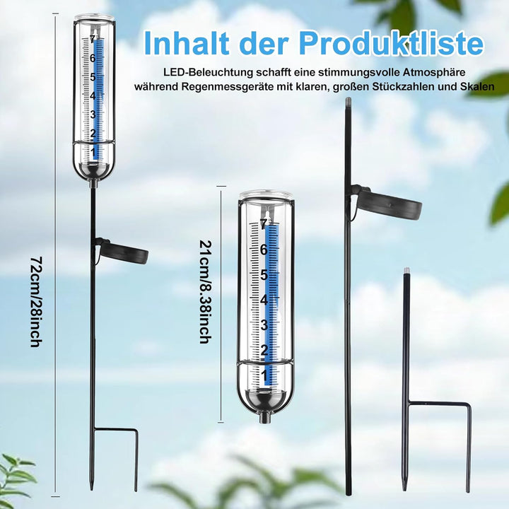 HOSPAOP Solar Regenmesser für Garten mit Erdspiess und LED, Niederschlagsmesser Frostsicher Glas für
