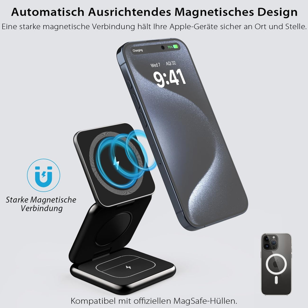KU XIU X40 Induktive Ladestation 3 in 1 – Magnetisches Kabelloses Ladegerät, Faltbares Reiseladegerä