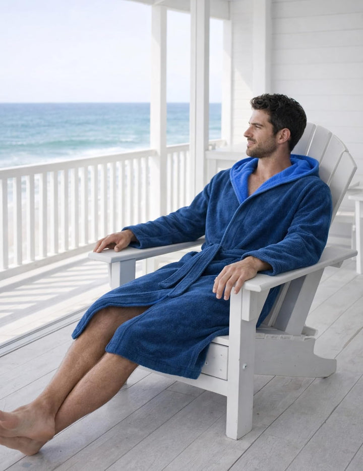 Morgenstern Bademantel Herren Kapuze 100% Baumwolle Frottee Velours Lang Finn M Blau, M Blau