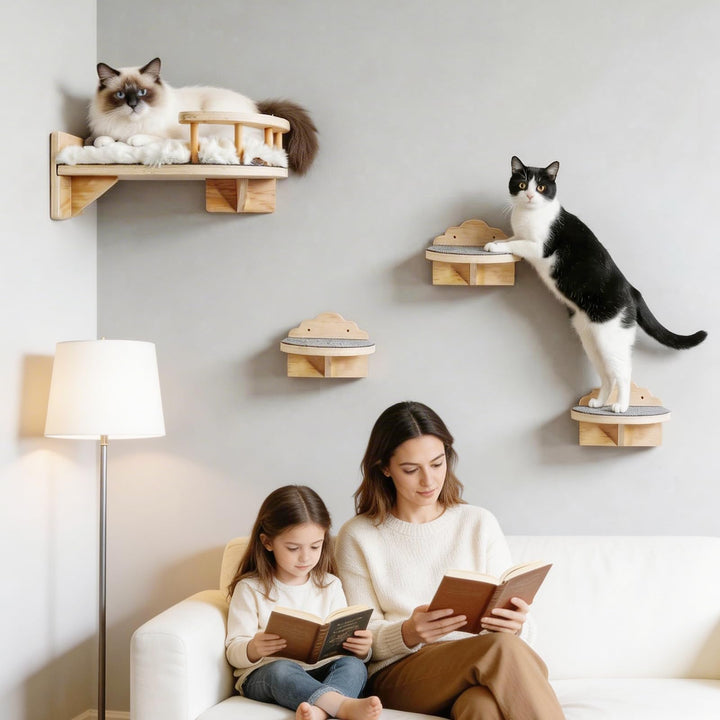 Kletterwand Katzen 4PCS Katzenkletterwand Set Kratzbaum Wand Katze Catwalk Wandelement Wandliege Kat