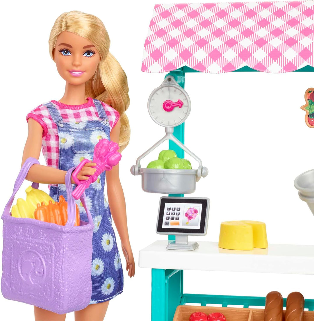 Barbie HCN22 - Spass auf dem Bauernhof Bauernmarkt Spielset mit Puppe (Blonde Haare), Markt-Stand mi