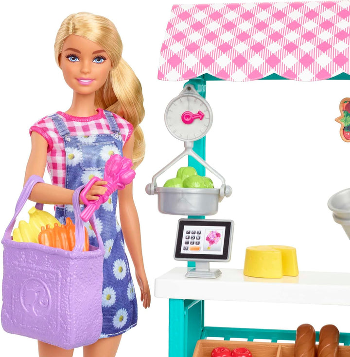Barbie HCN22 - Spass auf dem Bauernhof Bauernmarkt Spielset mit Puppe (Blonde Haare), Markt-Stand mi