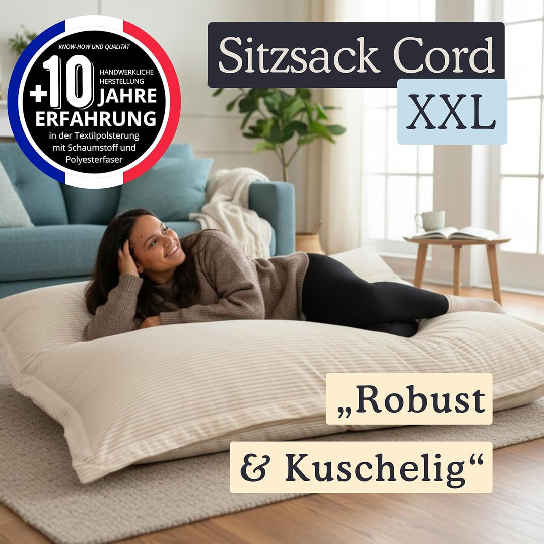 Riesiger Sitzsack XXL für Innenbereich, aus Cordsamt, 180 x 140 cm, weich, bequem und abnehmbar, gro