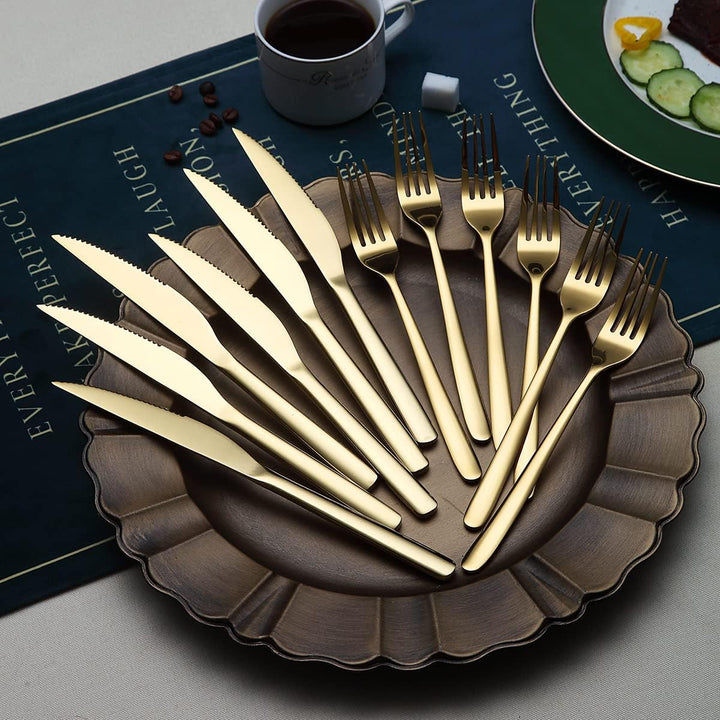 Gold Steak Besteckset 12-Teilig, Premium Edelstahl 6 Tafelgabeln und 6 Tafelmesser-Set, Steakmesser