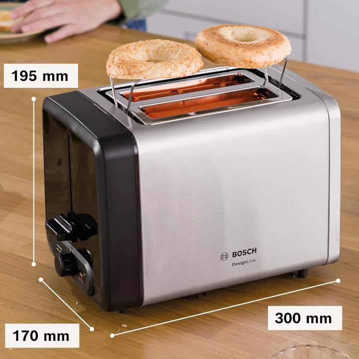 Bosch Kompakt Toaster DesignLine TAT4P420DE, integrierter Edelstahl-Brötchenaufsatz, mit Abschaltaut