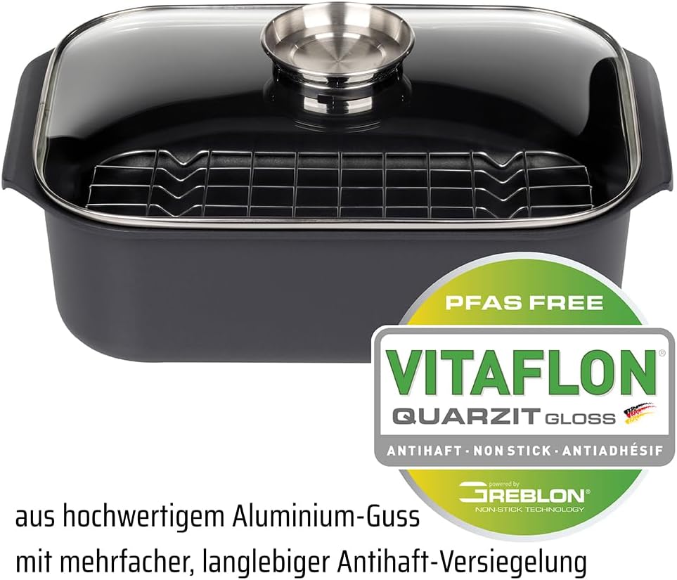 GSW Rechteckbräter Gourmet mit Aroma-Glasdeckel und Grilleinsatz, Aluguss, Induktionsfähig, Schwarz,