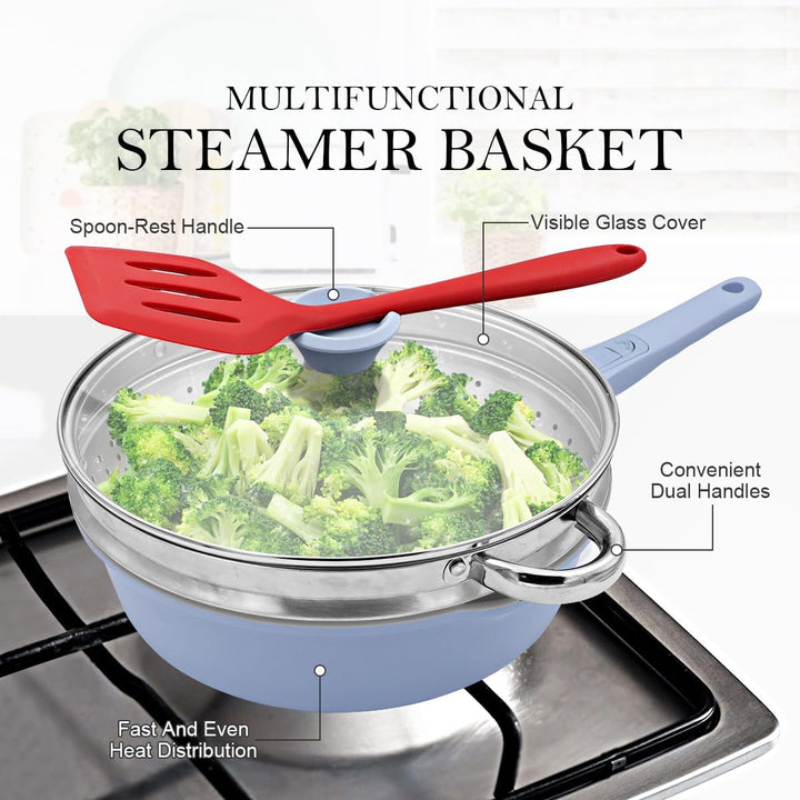 AIKENBBKK Keramik Pfanne 28 cm mit Dampfkorb, Antihaft Keramikbeschichtung Bratpfanne 28 cm mit Deck