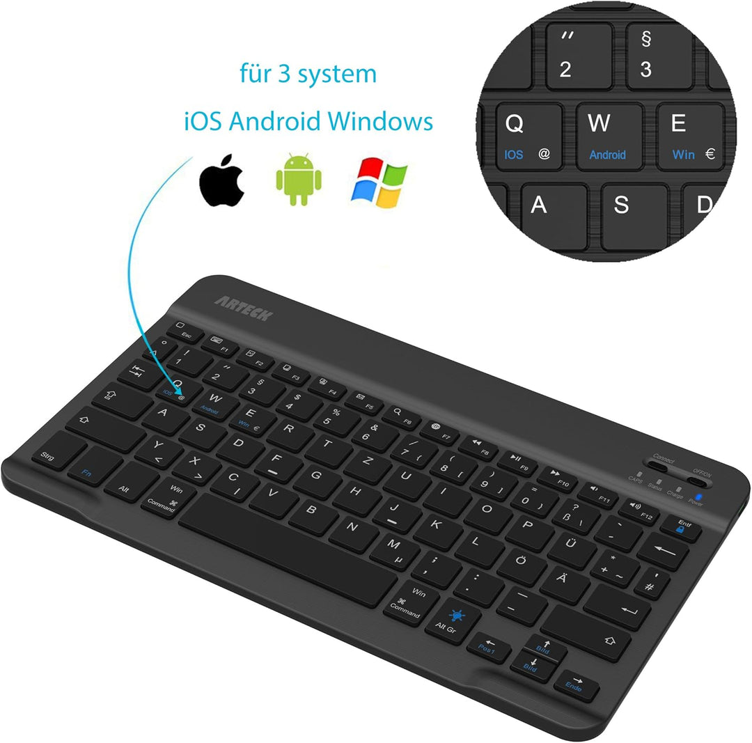 Arteck Bluethooth QWERTZ Deutsche Wireless Tastatur mit 7 Farben Ultraleicht und dünn Tragbare Kabel