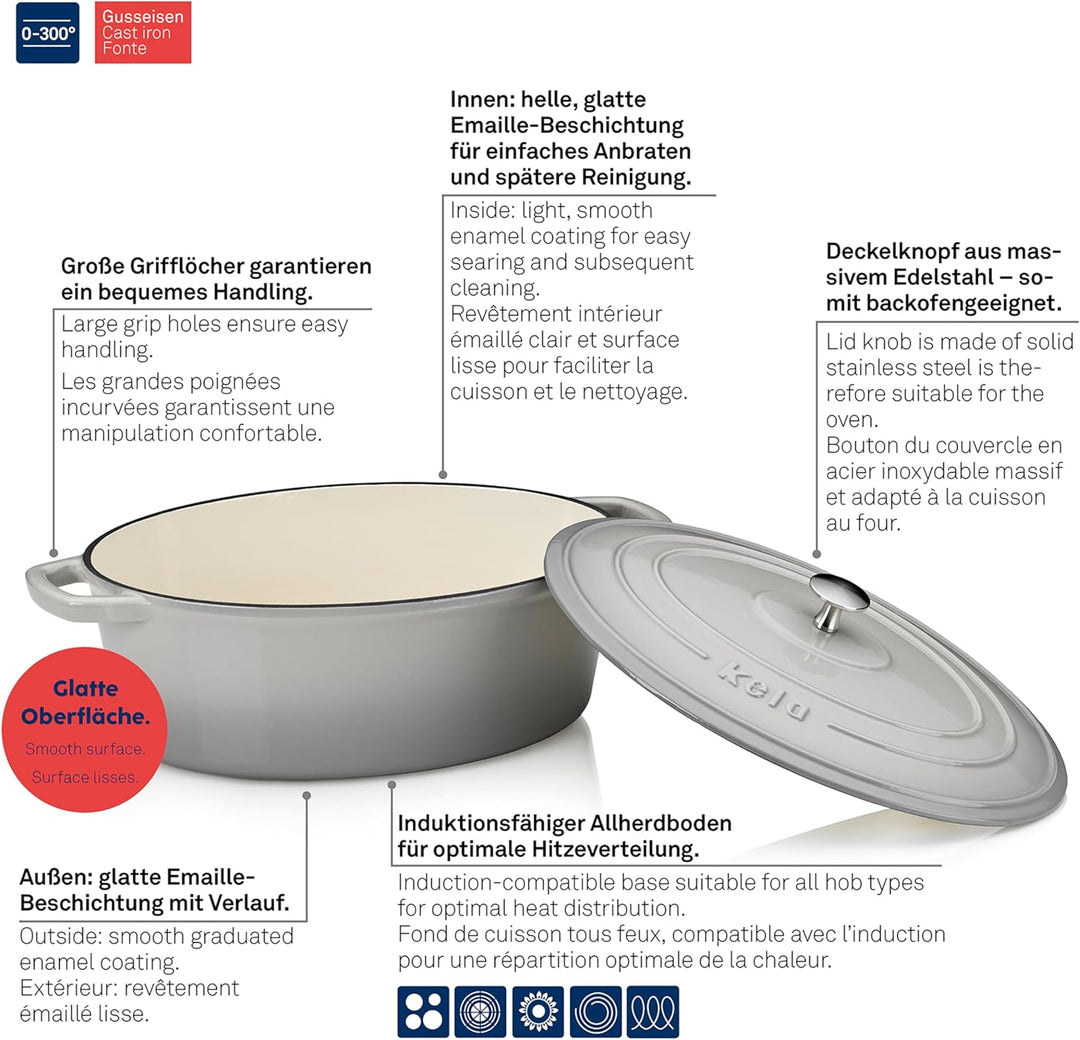 kela Bräter Gusseisen oval 9,3 Liter, Dutch Oven CALIDO, Induktion Gussbräter mit Deckel backofengee