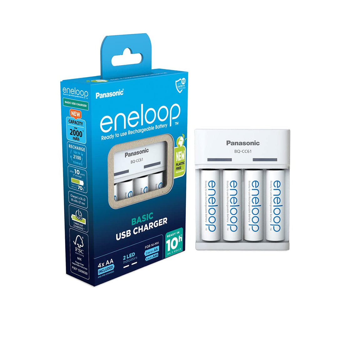 Panasonic eneloop Basic USB Ladegerät für 2oder4 AA/AAA NI-MH-Akkus, 6 Sicherheitsfunktionen, MicroU