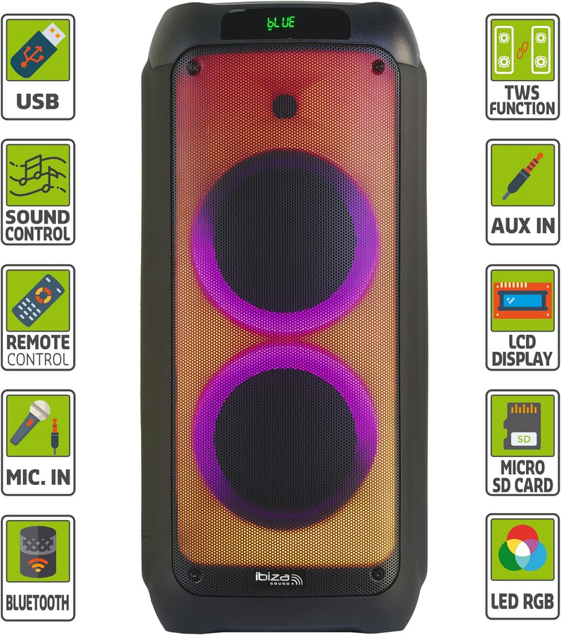Ibiza - WAVE8-600W/2x8 Lautsprechersystem mit Bluetooth, USB und microSD - Wave LED Effekte und TWS