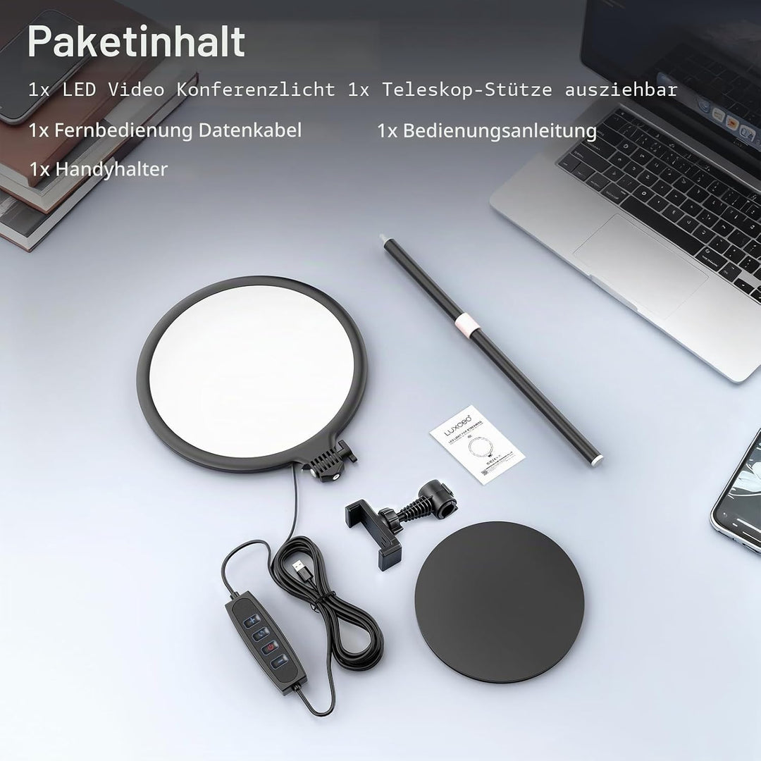 LUXCEO Key Light,10" Selfie Licht Set mit Ständer und Telefonhalter,10W 3000-6000K Dimmbares Vollbil