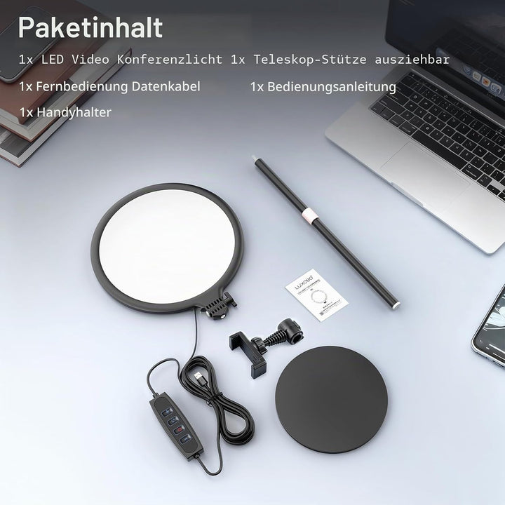 LUXCEO Key Light,10" Selfie Licht Set mit Ständer und Telefonhalter,10W 3000-6000K Dimmbares Vollbil
