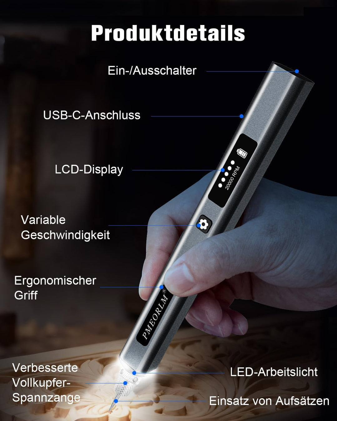 Gravierstift mit LCD Display & LED Licht, 31 Bits, 5 Gängen Elektrischer Gravur Stift, Kabelloses Gr