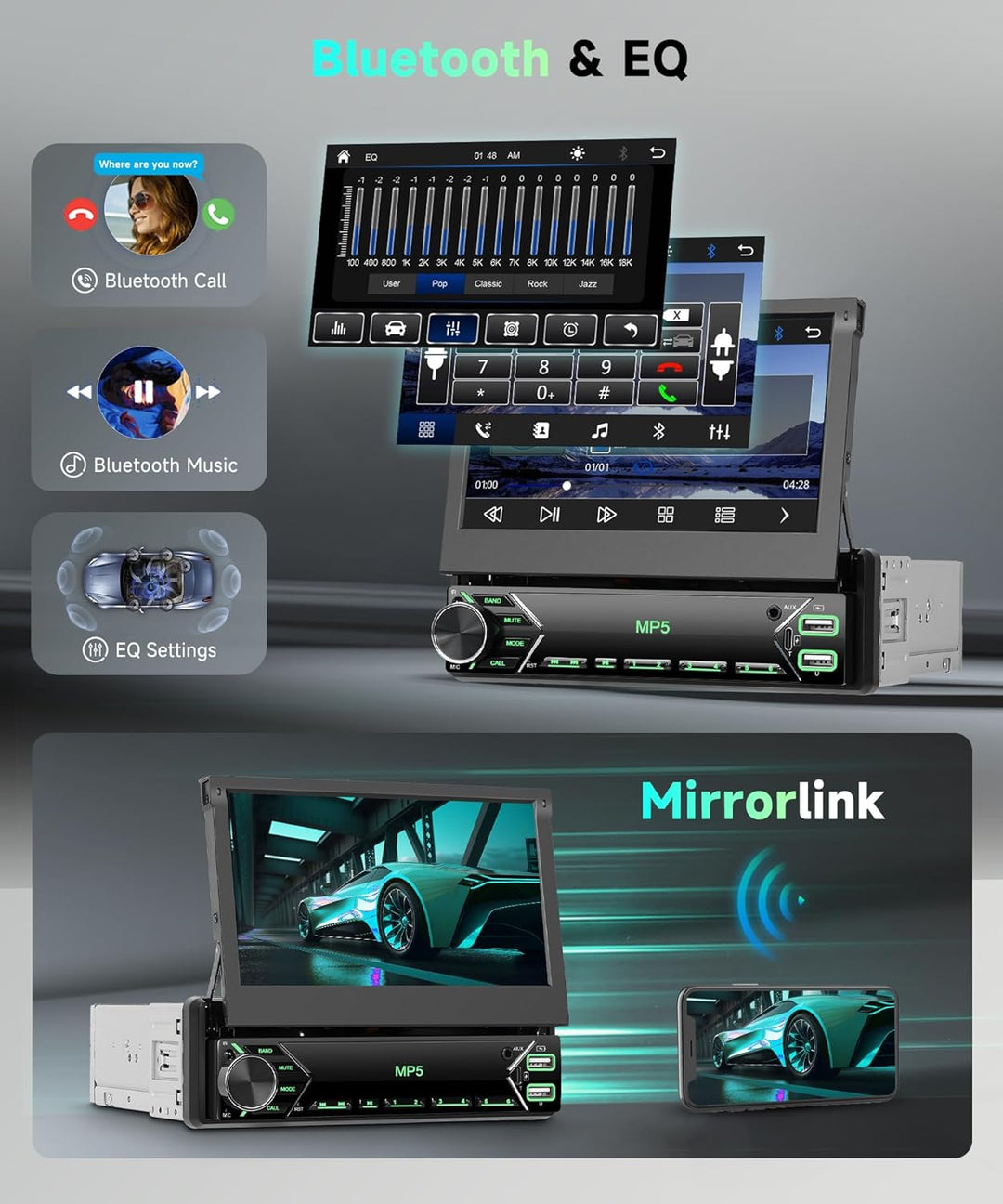 1 DIN Wireless Carplay Autoradio mit 7-Zoll manuell versenkbarem Touchscreen, Single Din Bluetooth R