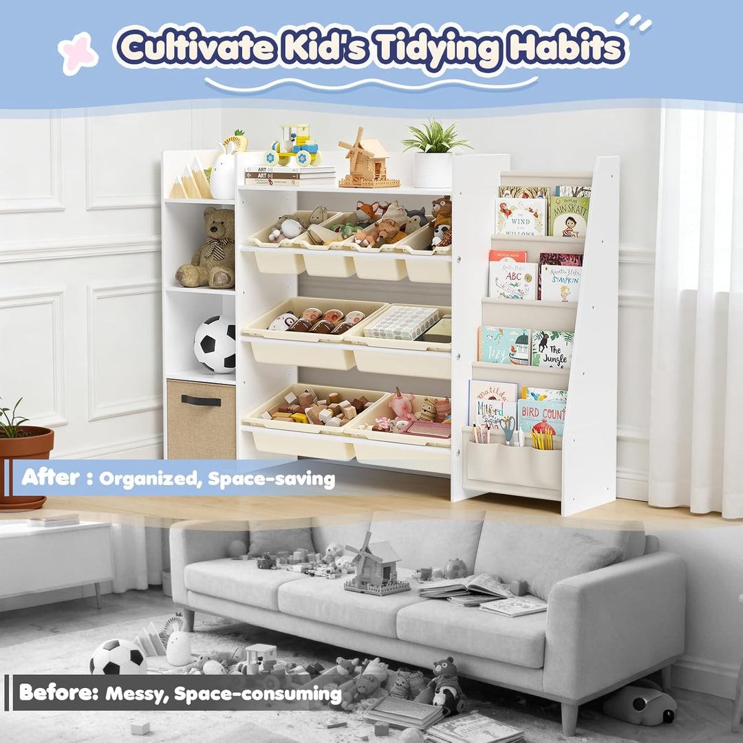 Kinderregal, Holz-Bücherregal mit 8 Aufbewahrungsboxen, Kinderzimmermöbel mit Spielzeugkiste für Sch