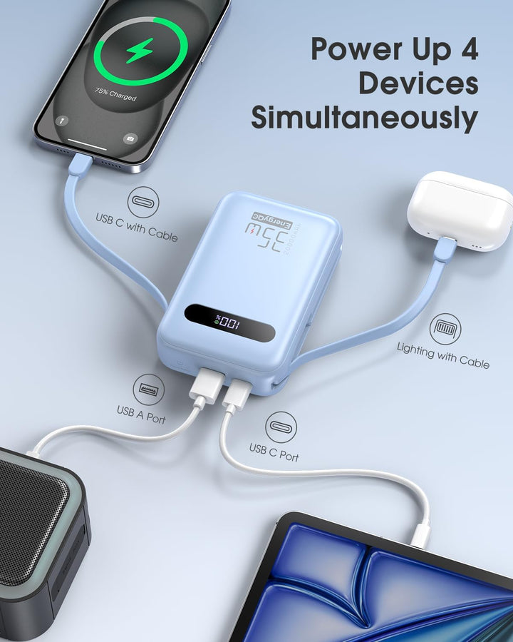 Power Bank, PD 35W 20000mAh Externer Akku mit Integriertem USB-C Kabel, 8 Pin Kabel und LED Display,