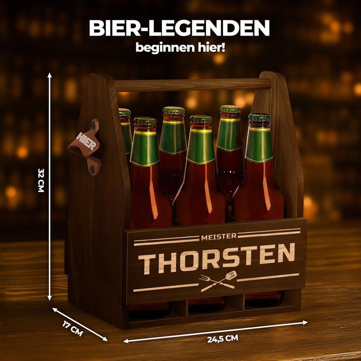 Maverton Bierträger für 6 Flaschen 0,5L + Gravur - Männerhandtasche mit Flaschenöffner - Grösse: 25x