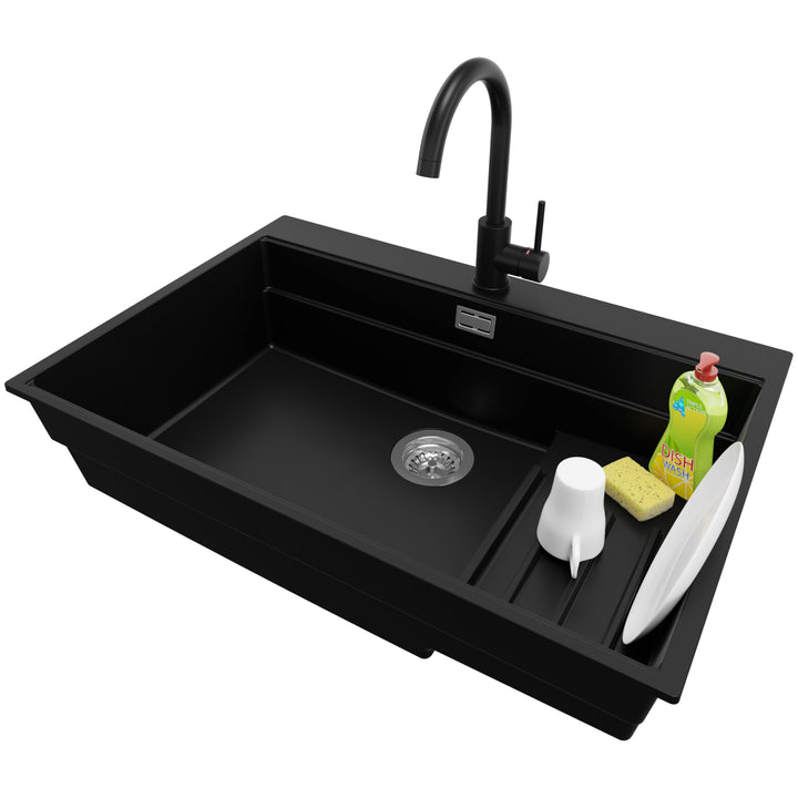 PRIMAGRAN Granitspüle Schwarz 78x53cm, Spülbecken 1 Becken + Ablauf-Set + Küchenarmatur 32x20cm, Küc
