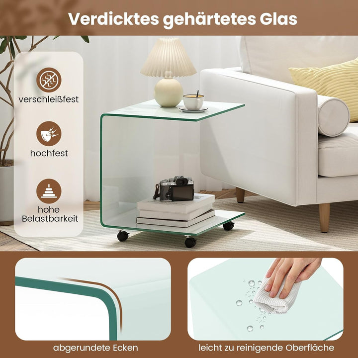 COSTWAY Beistelltisch aus gehärtetem Glas mit Rollen, Glastisch C-Form, Nachttisch, Sofatisch, Kaffe