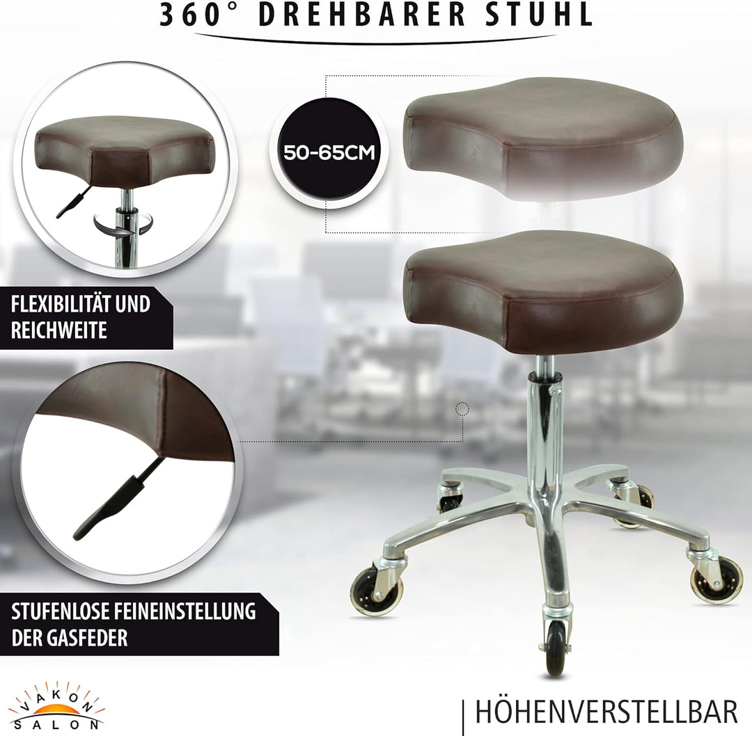 VAKON SALON - Ergonomischer Sitzhocker braun höhenverstellbar von 50 bis 65 cm Rollhocker - Drehhock