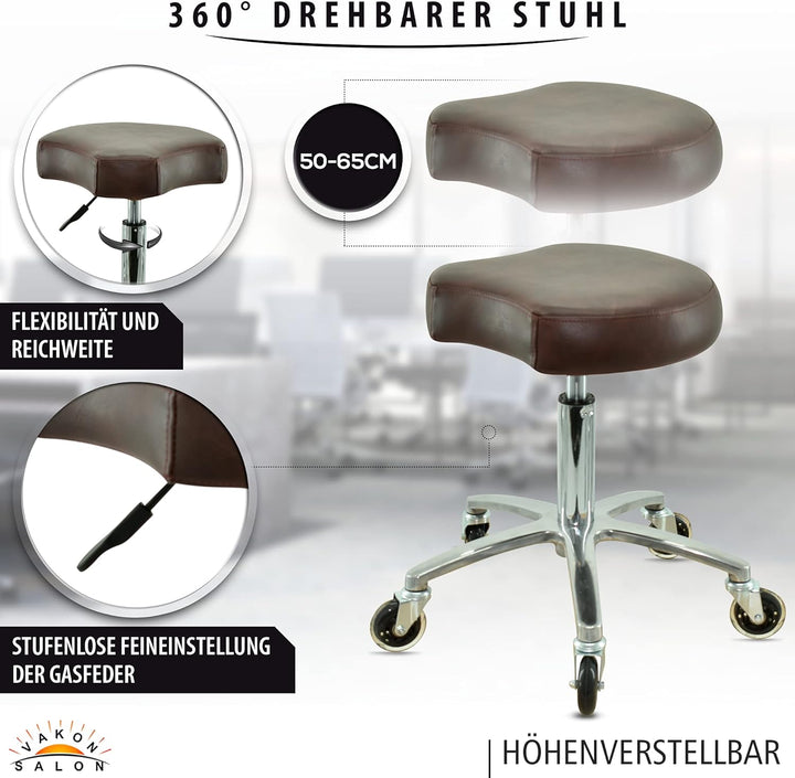 VAKON SALON - Ergonomischer Sitzhocker braun höhenverstellbar von 50 bis 65 cm Rollhocker - Drehhock
