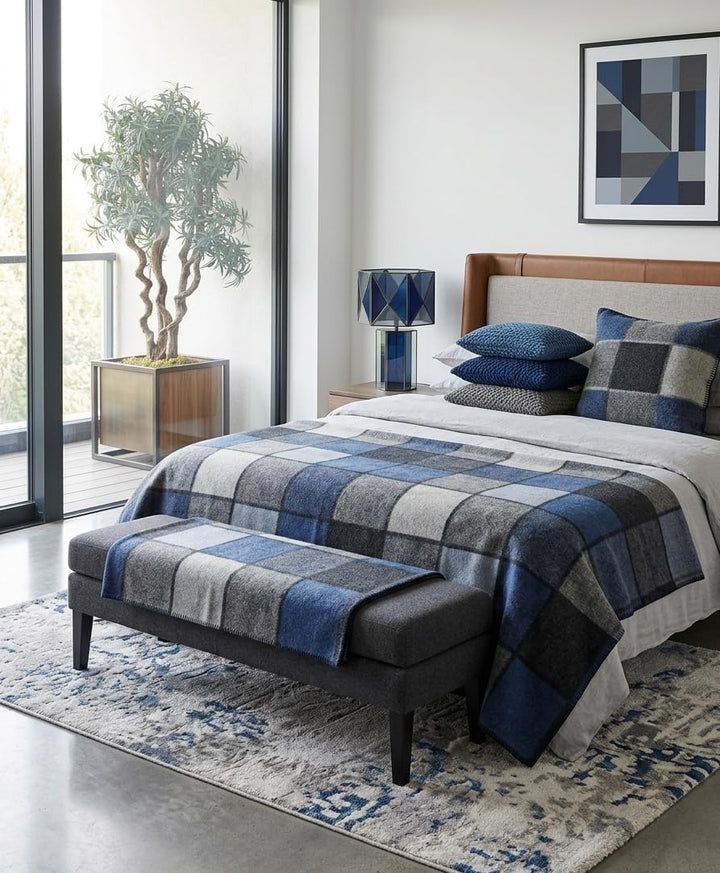 Wohndecke Wolldecke 100% Schurwolle 150 x 200 cm Tagesdecke Schurwolldecke Plaid Selva Grau-Blau-Hel