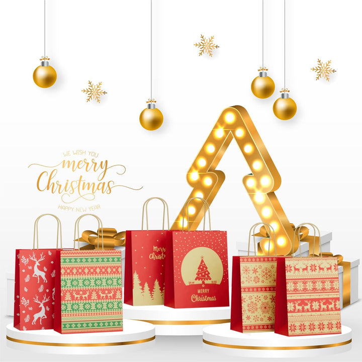 24 Stk Geschenktüten Weihnachten, Weihnachtstüten 27 x 21 x 11 cm, Papiertüten Braun, Kraftpapier Tü
