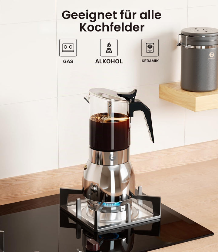Coffee Gator Espressokocher Herdplatten, Espresso Mokkakanne aus Klarglas & Edelstahl - Kaffee Nach